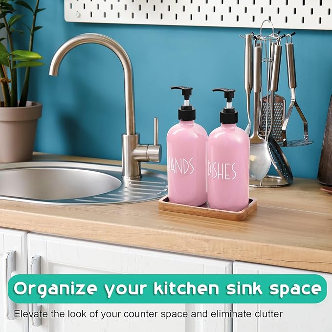 ALELION Dish Soap Dispenser for Kitchen - 16 OZ Glass Hand Soap Dispenser Set with Acacia Wood Tray - Pink Kitchen Bathroom Decor and Accessories