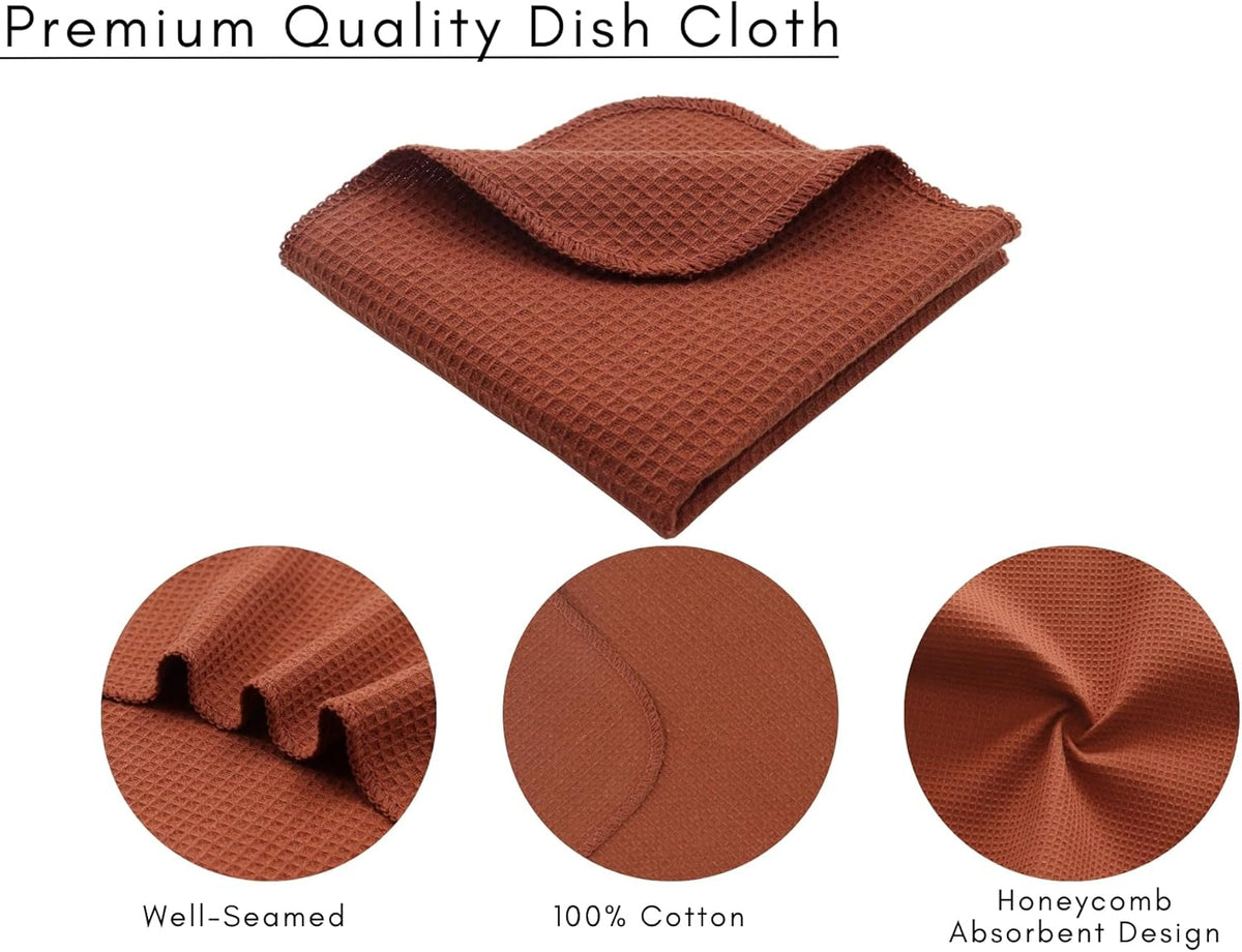 PurpleEssences Rust Dish Cloths and Dish Rags - 8 Pack Waffle Weave Solid Kitchen Dish Wash Cloths, 100% Cotton, 12 x 12 Inches, Ultra Soft Absorbent Quick Drying - Spring Summer Easter - Rust