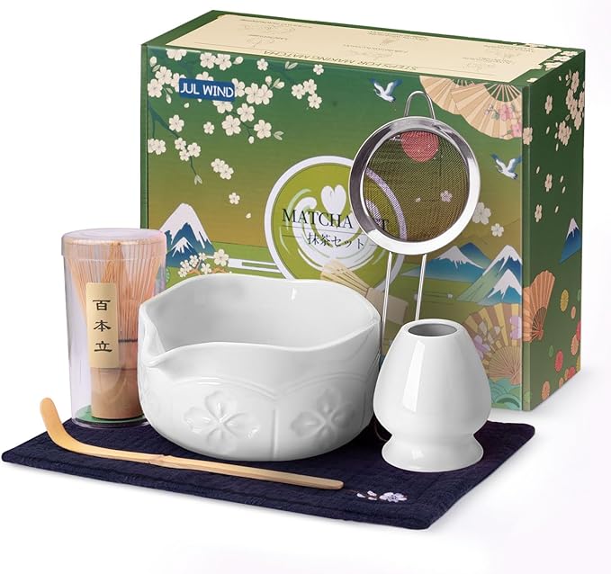 Matcha Whisk Set, Ceramic Matcha Set Includes Matcha Bowl with Spout, Matcha Whisk and Holder, Bamboo Scoop, Sifter and Tea Towel - 6 Pcs Matcha Kit Gift for Matcha Lovers Beginners (White)