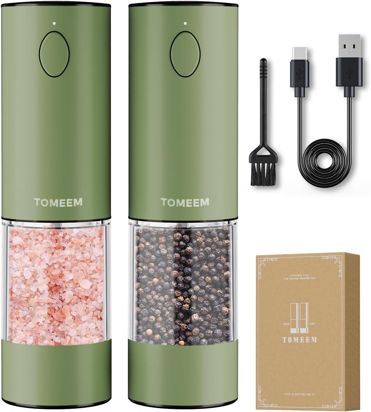 TOMEEM Upgraded Larger Capacity Electric Salt and Pepper Grinder Set Rechargeable with LED lights, Stainless Steel Automatic Pepper and Salt Grinder Refillable with 5 Adjustable Coarseness Green