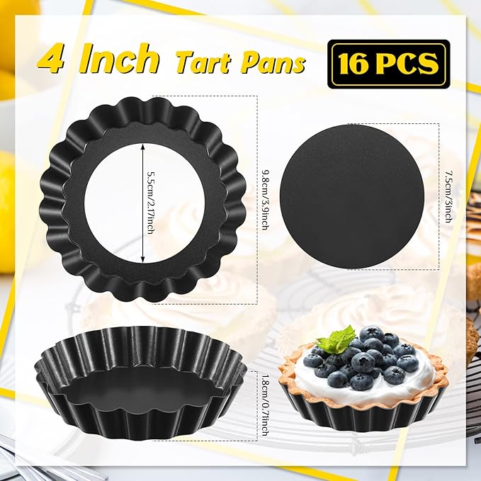 Tessco 16 Pieces Mini Tart Pans with Removable Bottom Nonstick Quiche Mini Pie Tart Pans Bakeware Mold Fluted Side for Pies(Black Gray Round,4 Inch)