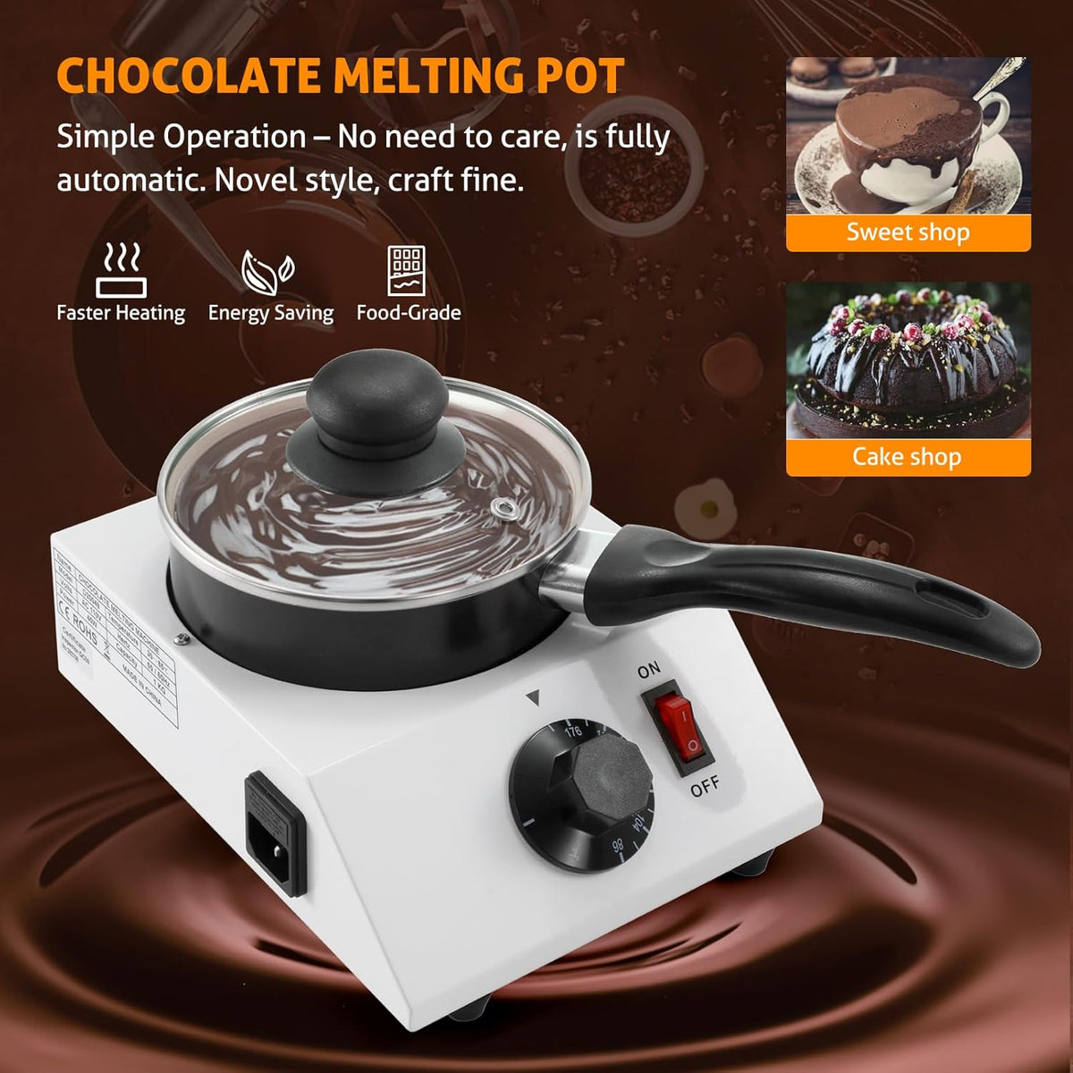 WICHEMI Chocolate Melting Pot Chocolate Tempering Machine Commercial Electric Chocolate Melter Fondue Pot for Chocolate, Butter, Cheese, Cream, Candy, Milk, Coffee, Desserts (Single Pot)