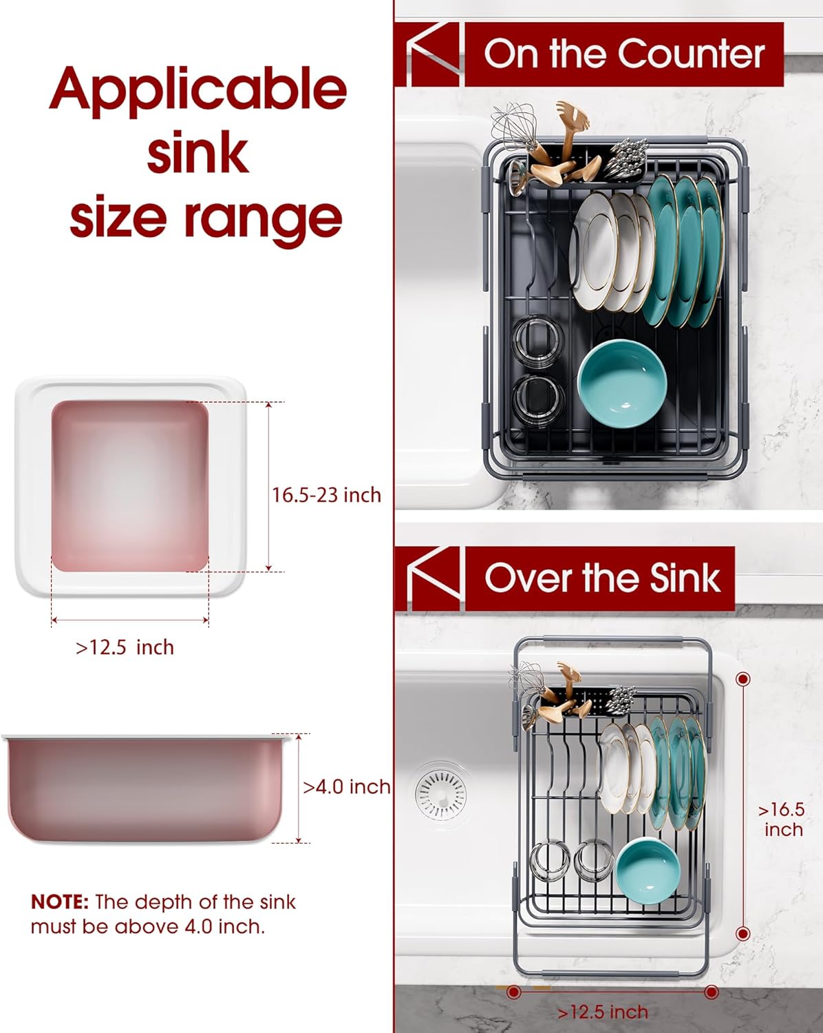 Over Sink Dish Drying Rack with Drain Board, Stainless Steel 2 in 1 Sink Organization and Storage, Dish Drainer for Kitchen Counter, Home and Apartment Essentials, 12" W x 16.1~23" L, Gray