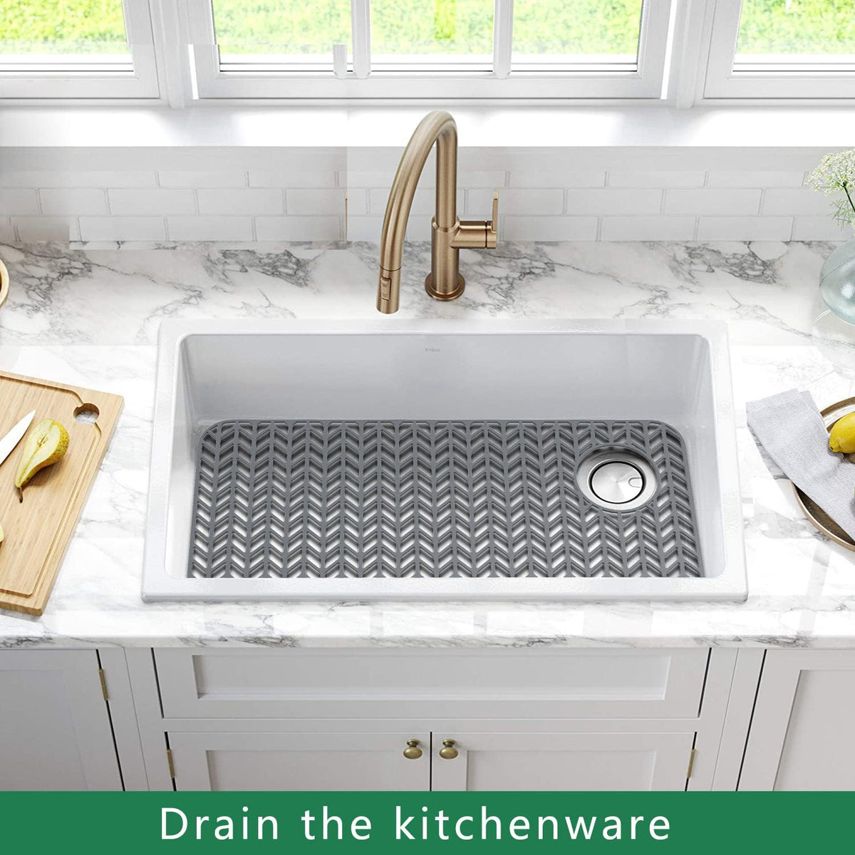 GUUKIN Sink Protectors for Kitchen Sink - 28.6"x 14.5" Silicone Kitchen Sink Mat Grid for Bottom of Farmhouse Stainless Steel Porcelain Sink with Right & Left Drain（Grey）, 2814R