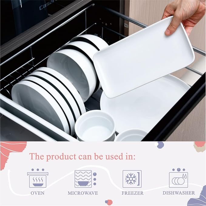 Miicol Small Platters Set of 6, Ceramic Rectangle Plates 9 Inch, Modern Sushi Plate Set, White Serving Dishes for Serving Food, Appetizer, Dessert, Dinner, Party