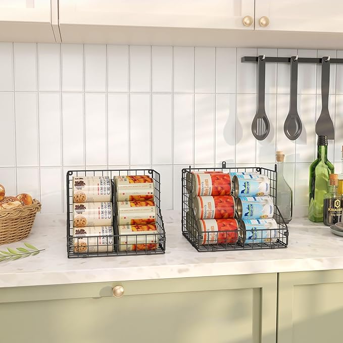 JKsmart 4 Pack Stackable Can Organizer for Pantry with Adjustable Dividers, Soda Can Organizer, Can Storage Dispenser Holds up to 56 Cans, Metal Wire Baskets Can Holder for Kitchen Cabinet Pantry