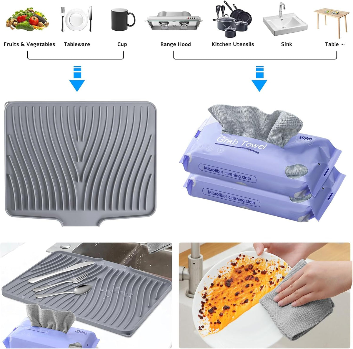 Silicone Dish Drying Mat, Stone Drying Mat for Kitchen Counter with Built-in Drain, Non-Slip 15.8" X 13" Drying Matt Kitchen Counter and Grey Microfiber Cleaning Cloth, Cleaning Rags Set(Grey)