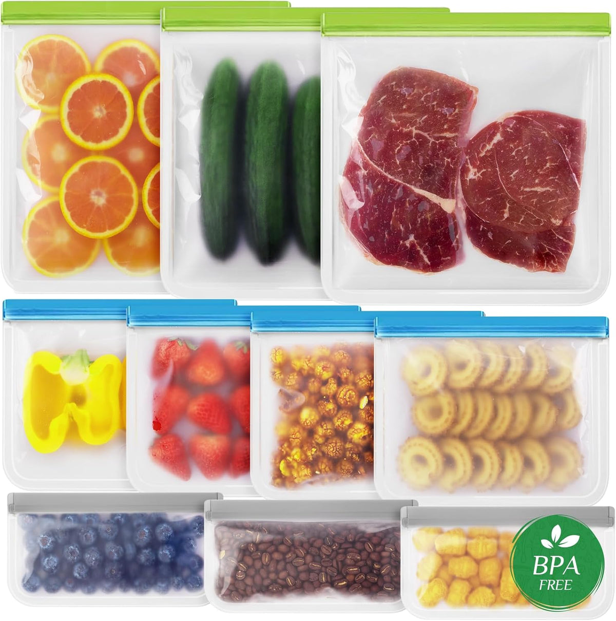 Reusable Freezer Bags Dishwasher Safe - 10 Pack Reusable Bags BPA Free Leakproof, Food Storage Bags for Marinating, Travel, Meal Prep (3 Gallon + 4 Sandwich + 3 Snack Sizes)