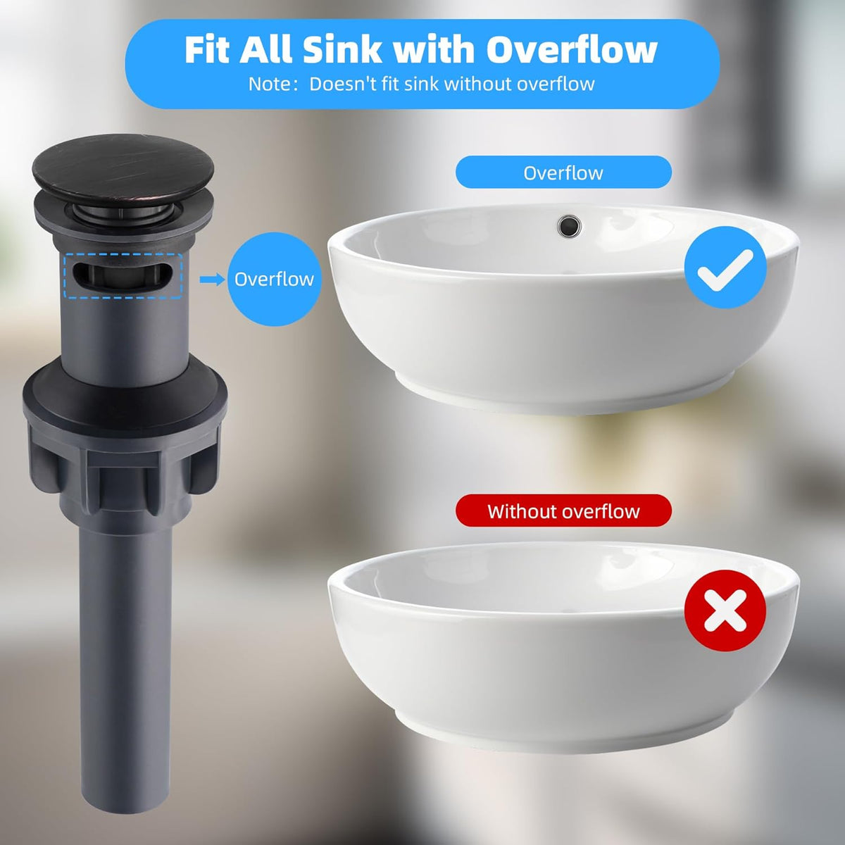Hibbent 2 Pack Universal Bathroom Sink Drain Stopper, Pop Up Drain Strainer with Overflow, Push and Seal Sink Plug with Basket for Lavatory Vanity Vessel, Anti-Clogging Strainer, Oil Rubbed Bronze
