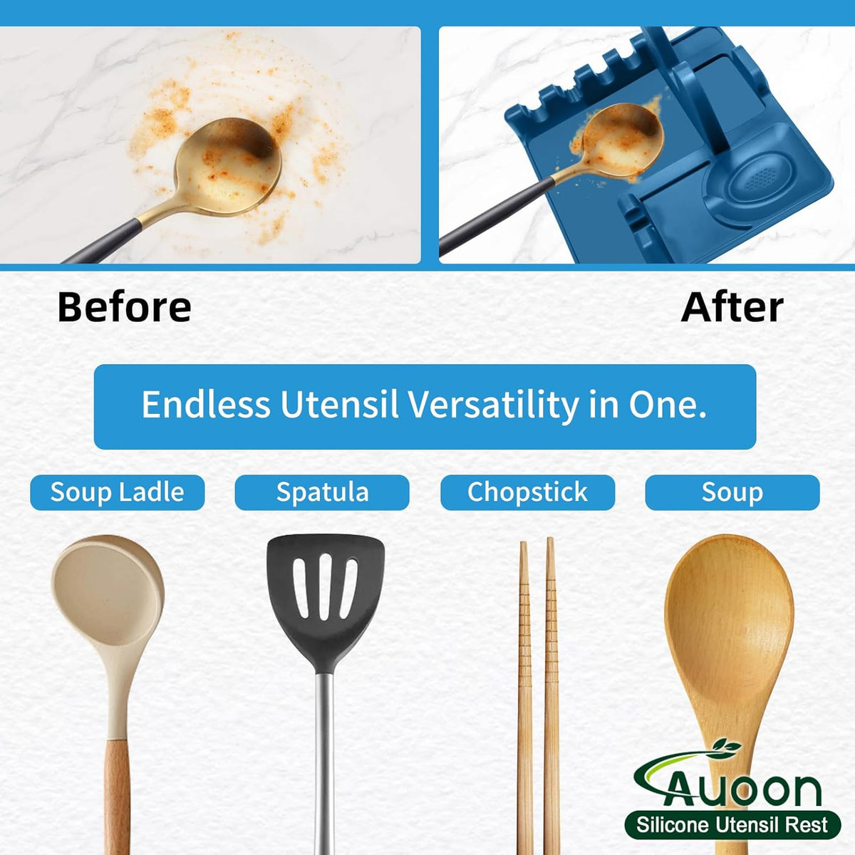 AUOON Spoon Rest for Stove Top - Silicone Utensil Rest with Drip Pad for Kitchen Counter | Practical Kitchen Gadgets for Cooking | Dishwasher Safe (Fog Blue, Large)