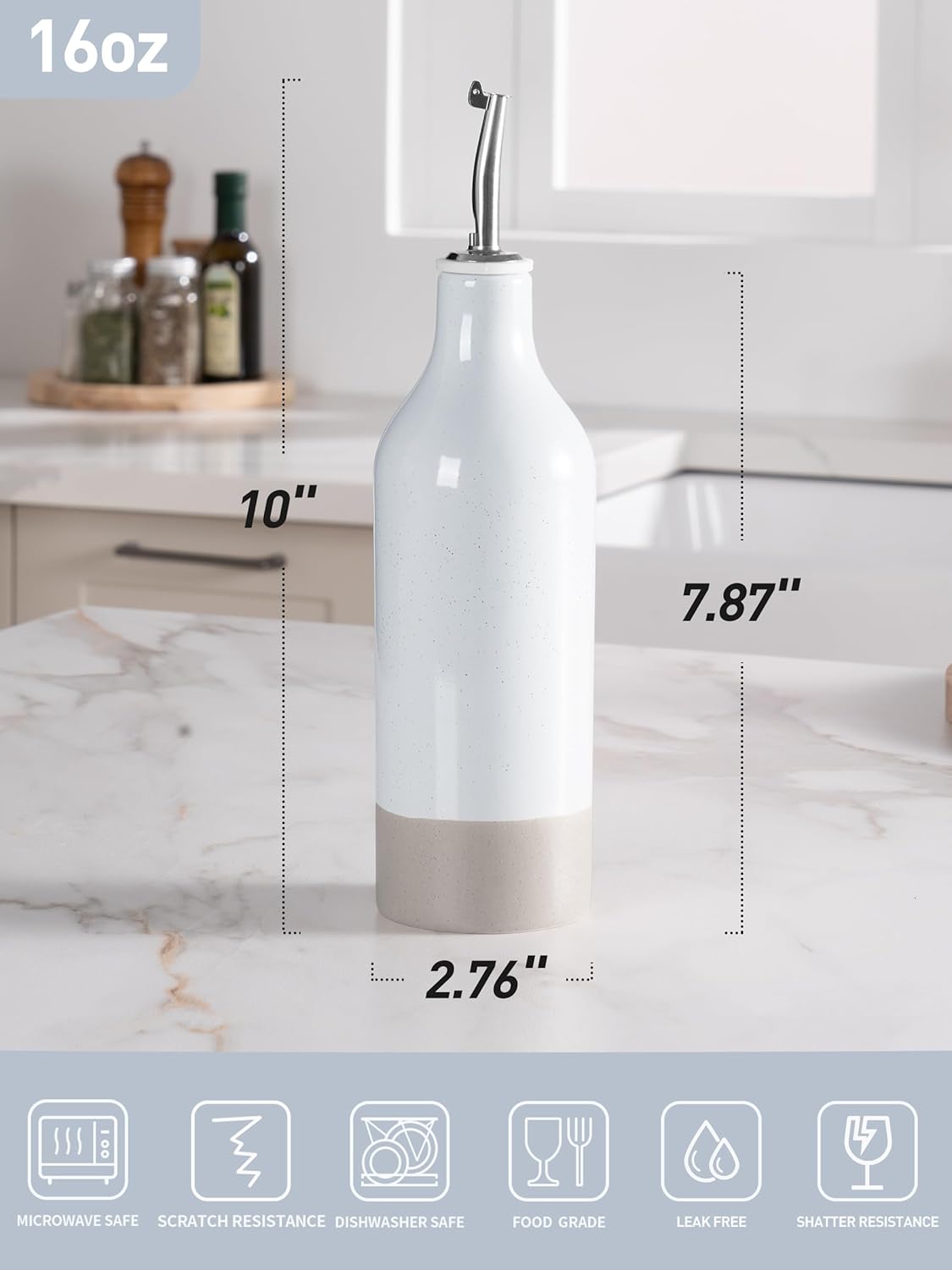famiware Milkyway 16oz Ceramic Olive Oil Dispenser Bottle, 1 Piece Oil Dispenser for Kitchen with Stainless Steel Pourers, Suitable for Storage Vinegar, Soy Sauce, Coffee Syrup, Liquids, Light Gray