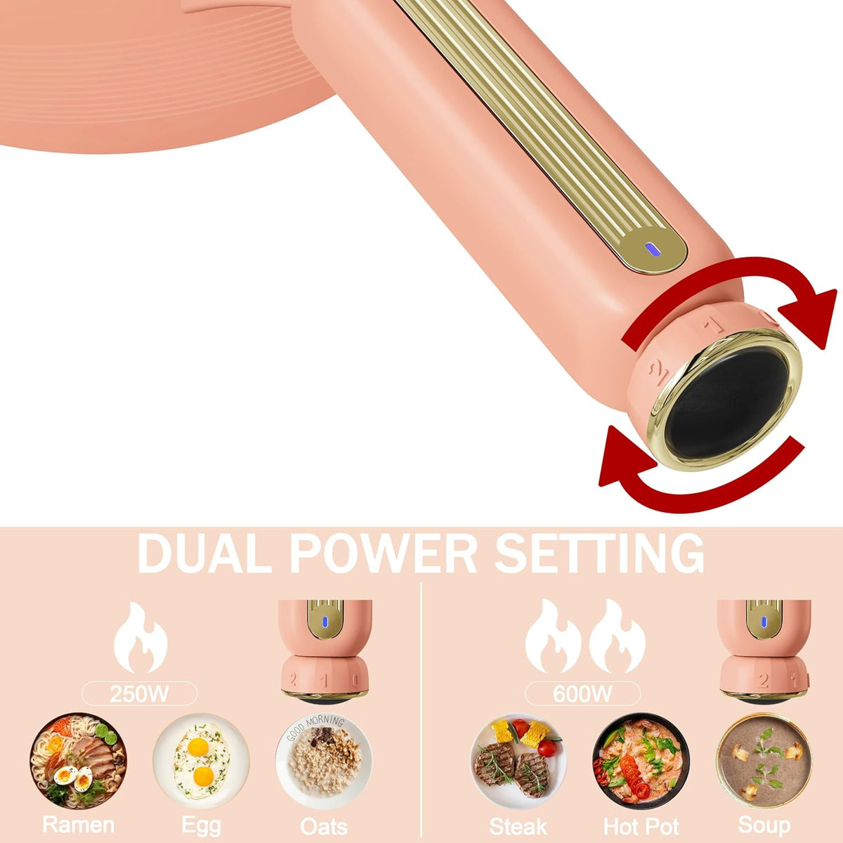 TOPWIT Hot Pot Electric, 𝟐𝐋 Electric Pot, Non-Stick Portable Cooker, Portable Hot Pot, Sauté Pan for Steak, Egg, Fried Rice, Ramen, Soup with Dual Power Control (Silicone Spatula Included), Peach