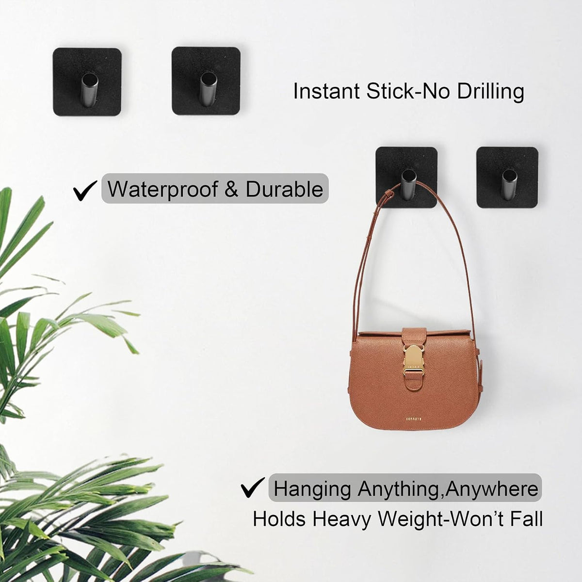Aluminum Wall Hooks, No Drill Damage-Free Adhesive Hook,Product for Hanging Heavy Duty for Bathroom Kitchen Home (Slanting Square Black Hook, 4)