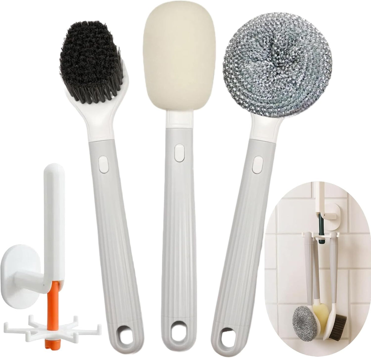 Dish Brush with Handle,4-Pieces Dish Brush Set with Holder,Replaceable Brush Heads Long Handle Kitchen Scrubber,for Pots,Sink,Pans &Bottles.Gray