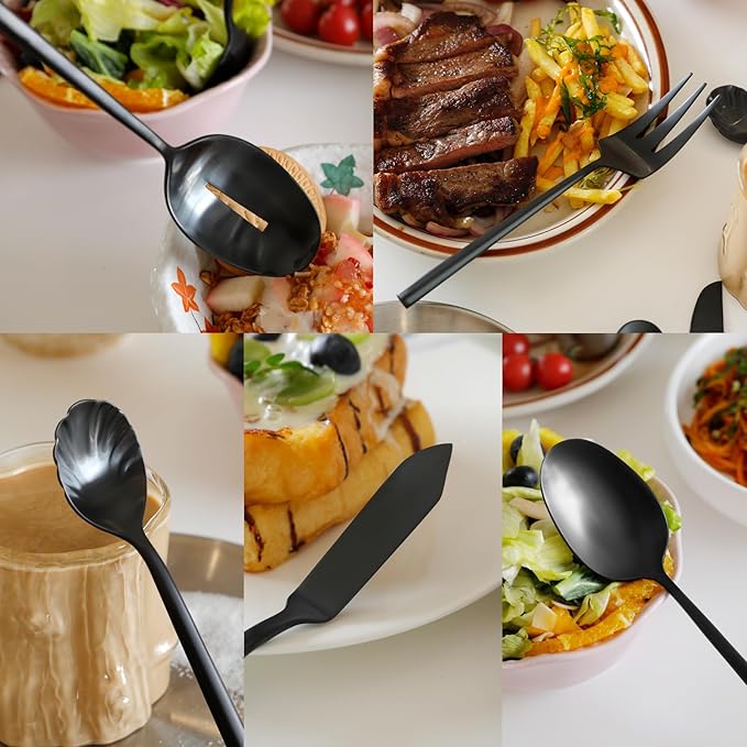 DEACORY Silverware Set with Serving Utensil Set Matte Black Flatware Set Hand Forged Stainless Steel Cutlery Set 45 Pieces Matte Finished Hexagon Handle Service for 8