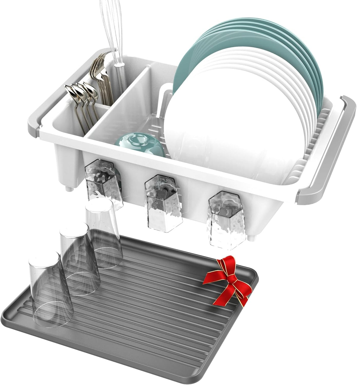 Dish drying rack expandable over the sink, in the sink and for cabinet and kitchen counter; Dish drainer rust proof, Large kitchen organizer with drainboard, two cutlery holders and 6 cup holders.