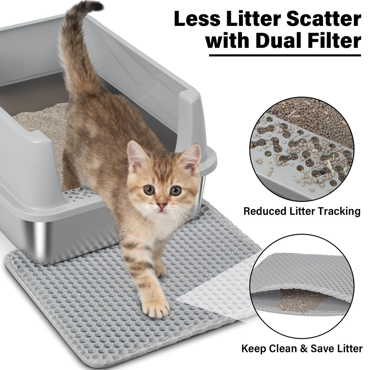 FUTAM Stainless Steel Litter Box with Lid, Metal Litter Box for Kitten, Small Litter Boxes with Scoop and Mat, Low Entry,Non-Stick,Easy to Clean Litterbox for Small to Medium Cats