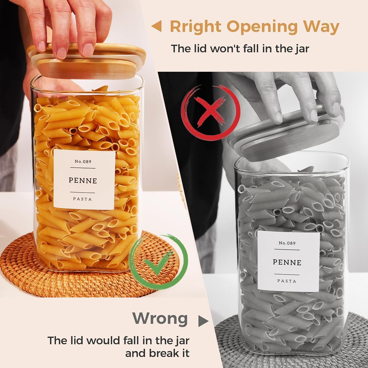 2 Pack large Square Glass Flour and Sugar Containers with 132 Kitchen Pantry Labels - 149 floz & 71 floz - Glass Jars with Airtight Bamboo Lid - Glass Rice Canisters for Coffee, Pasta, Cookie, Cereal