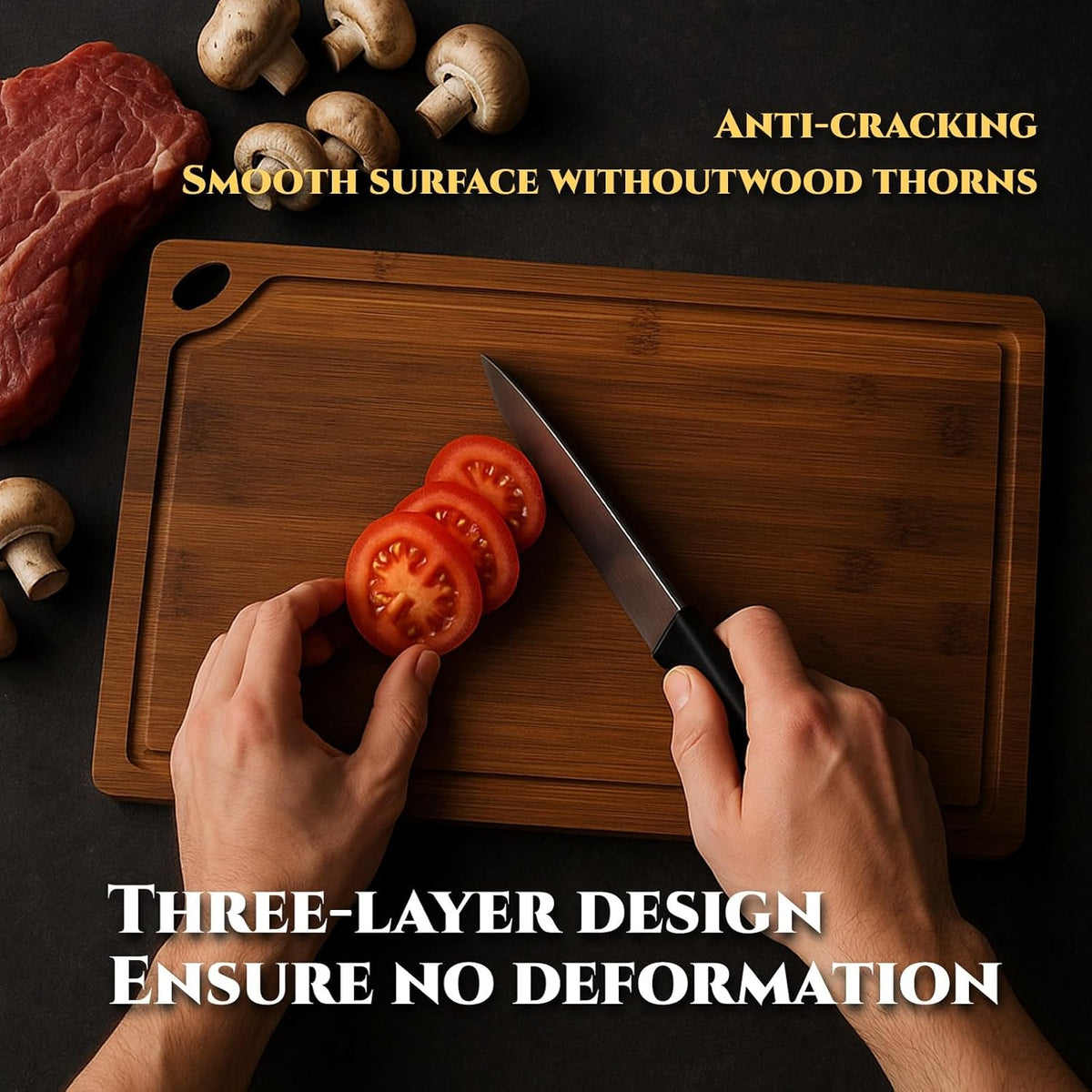 Bamboo Cutting Board 3-Piece Set with Juice Grooves – Non-Slip Wooden Chopping Boards for Kitchen & Housewarming Gfit, Multi-Size Serving Tray for Meat, Vegetables, Fruits