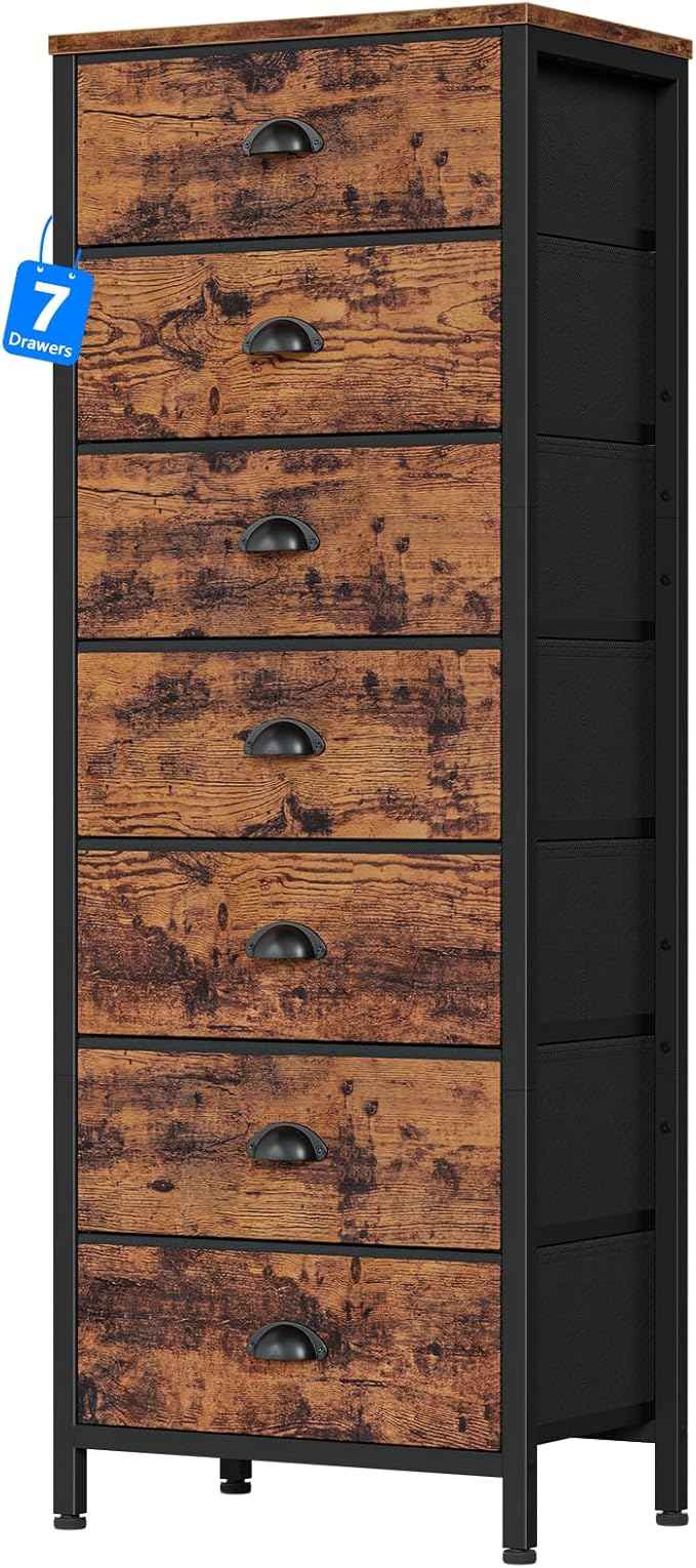 Furnulem Bedroom Dresser with 7 Drawers,Tall Industrial Fabric Chest of Drawers, Vertical Storage Tower Bedside Furniture in Living Room,Closet,Entryway-Sturdy Steel Frame(Rustic Brown)
