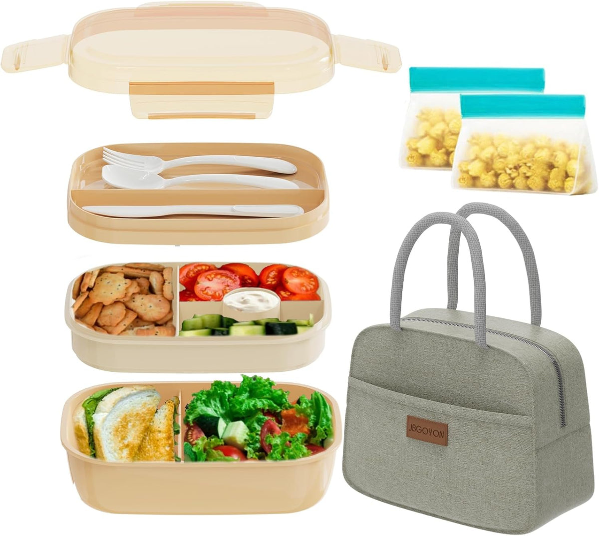 JBGOYON® Bento Lunch Box Set - 3 Stackable Containers for Adults and Kids- Includes Lunch Bag, Leak-Proof and BPA-Free - Built-in Utensil Set and Snack Bag - Dishwasher Safe (Khaki)