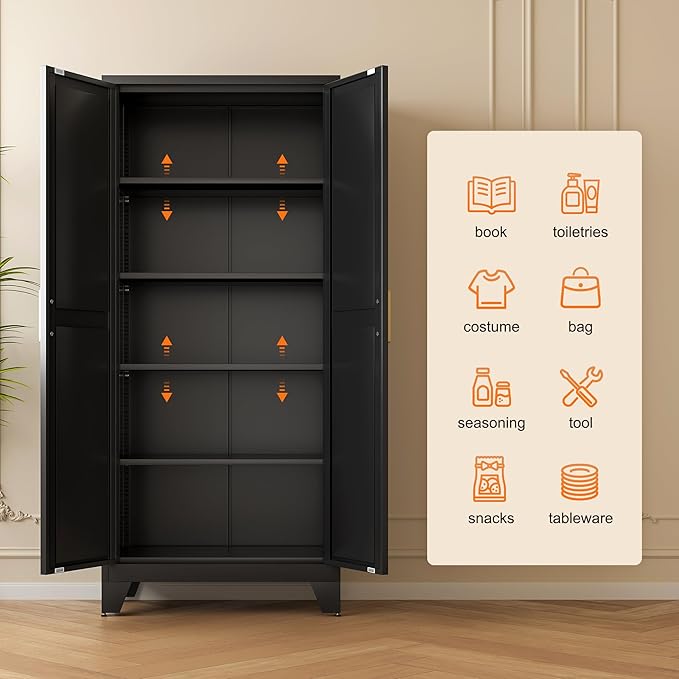 71" Tall Metal Storage Cabinet with 2 Doors and 4 Adjustable Shelves, 5-Tier Kitchen Pantry Storage Cabinet for Kitchen, Living Room, Dining Room and Office, Black
