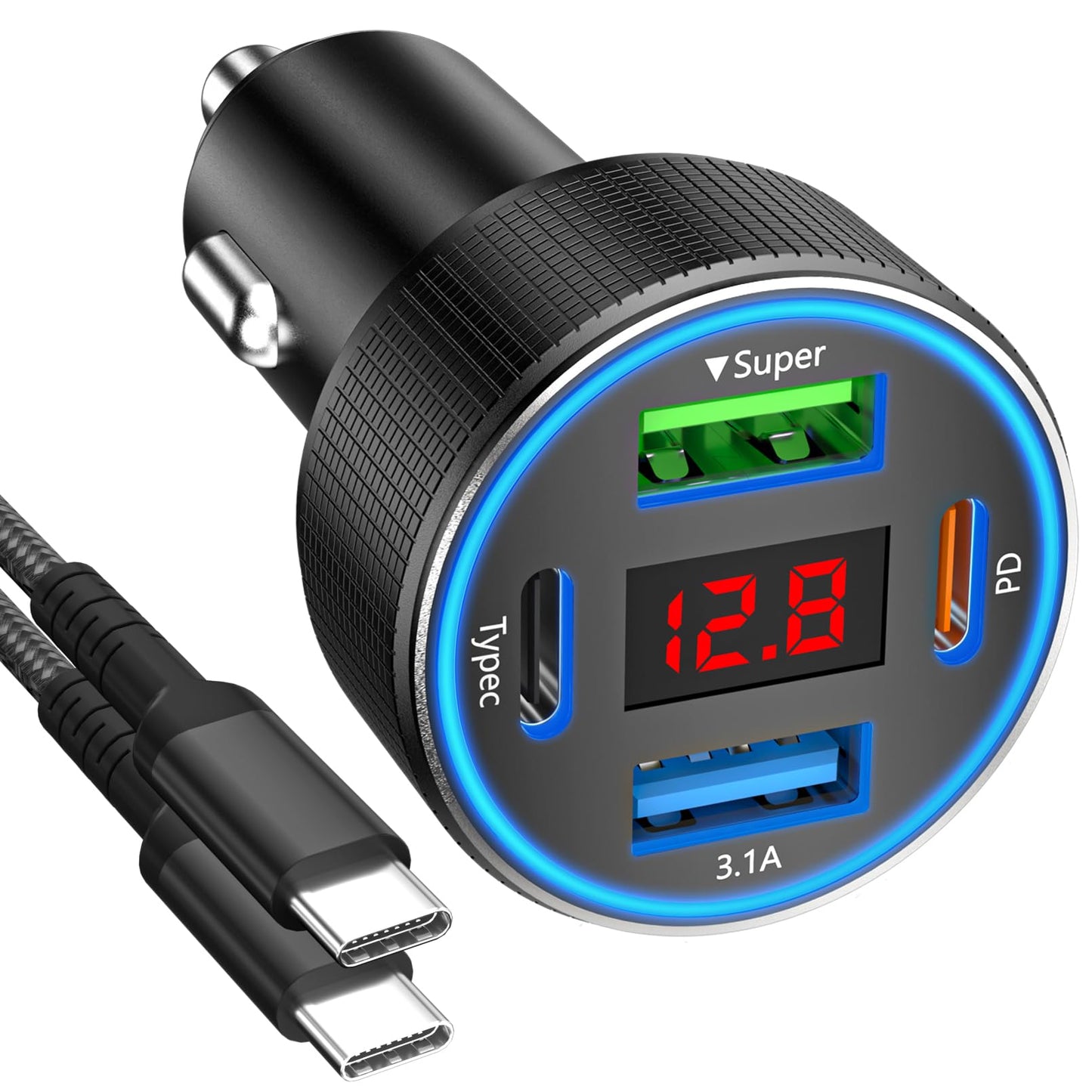 ANEXTIDE Car Charger USB C Fast Charging with 60W USB-C Cable, 78W 4 Port Metal USB Car Charger Adapter, PD QC3.0 Cigarette Lighter Adapter for iPhone 17 16 15 Pro Max, iPad, Samsung Galaxy, Android