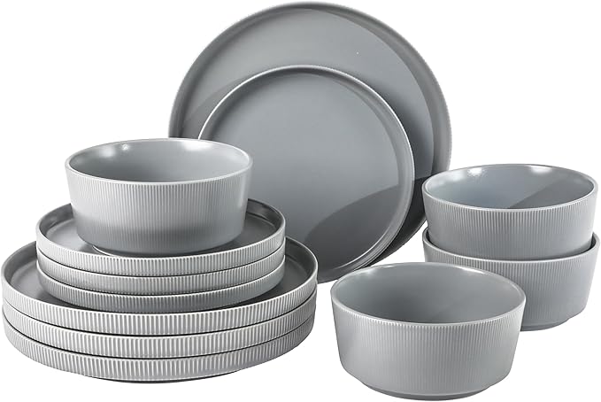 Gibson Home Dempsey Road 12-Piece Stoneware Dinnerware Set – Service for 4, Round Grey Plates and Bowls, Durable Solid Color Modern Embossed Dish Set, Microwave & Dishwasher Safe