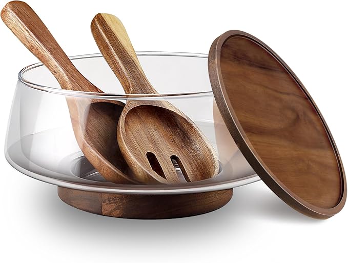 Large Glass Salad Bowls Set with Acacia Wood Base and Lid and Salad Serving Utensils, Elegant and Practical Salad Bowls for Kitchen Essentials Party