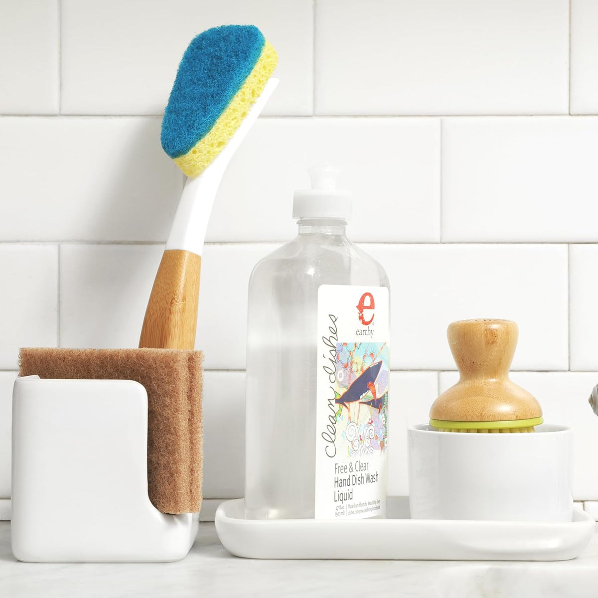 Full Circle Stash, Ceramic Kitchen Sink Caddy, Stylish Modular Sponge Holder & Dish Brush Organizer, White/Gray, 11"