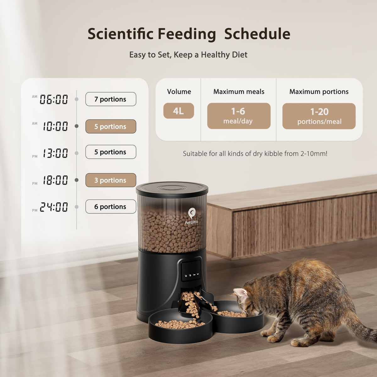 PETULTRA Automatic Cat Feeder for 2 Cats: 2.4Ghz WiFi Smart APP Remote Control- Timer Food Dispenser 1-10 Meals Per Day- Auto Pet Feeder for Cats and Small Dog Indoor- Detachable Clean& Dual Power