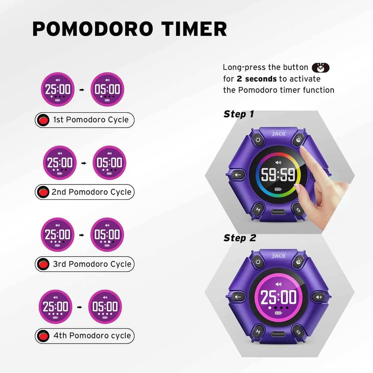 Printers Jack, Productivity Cube Timer, Visual Pomodoro Timer, Mute & Vibration & Adjustable Sound Alert, ADHD, for Office, Study, Work, 3/5/10/25/30/60min & Custom Countdown - Purple