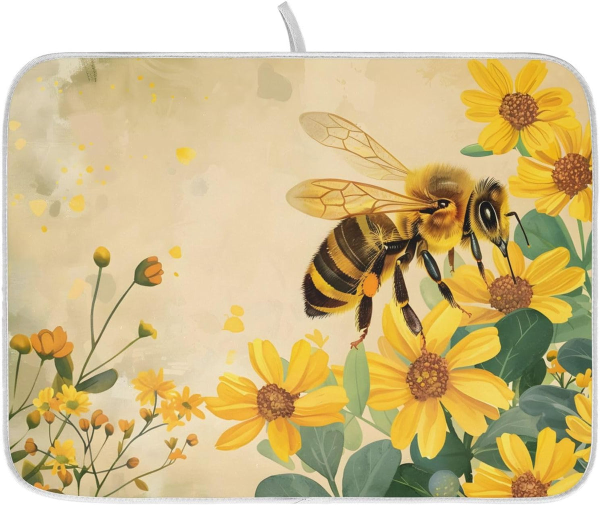 Honey Bee Dish Drying Mat for Kitchen Counter Absorbent Microfiber Small Drying Pad Dish Yellow Flowers Leaves Mats for Kitchen Countertops 16 x 18 Inch
