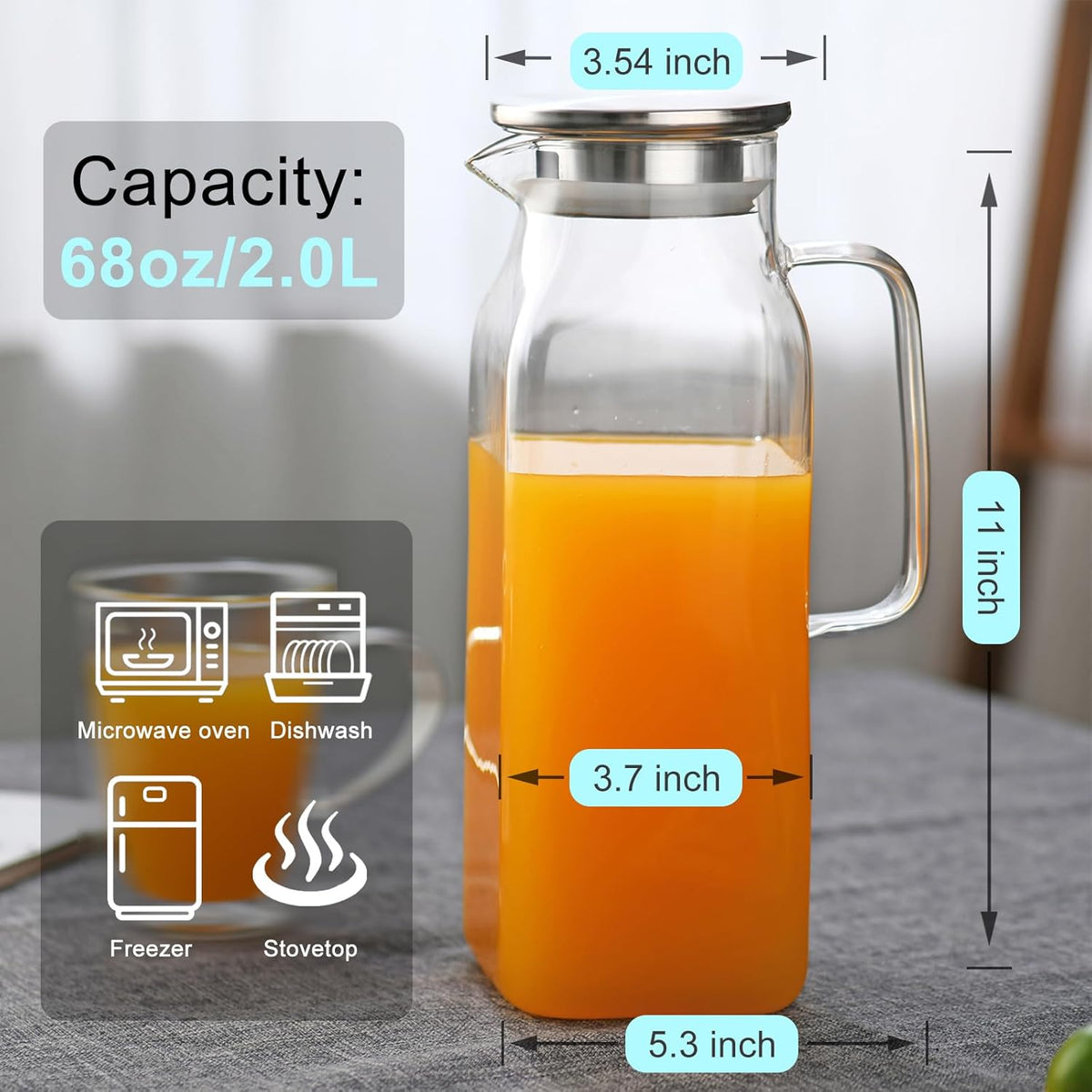 1.8 Liter Glass Pitcher with lid 60oz Glass Water Pitchers for Fridge Heat Resistant Glass Water Carafe with Handle for Party Water Jugs Tea pitcher Lemonade Iced Tea Jug Juice or Drinks
