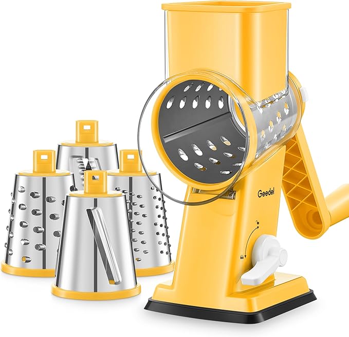 Geedel Rotary Cheese Grater - Upgraded Vegetable Shredder with 4 Interchangeable Blades, Easy to Clean Cheese Shredder with Handle, Kitchen Grater Nuts Grinder for Cutting Cheese, Vegetable, Nuts