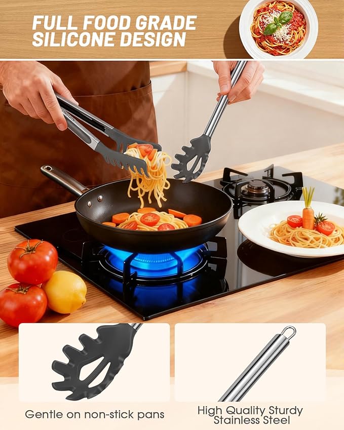 Spaghetti Spoon and Pasta Tong with Grip Teeth and Drain Holes, 2-Piece Non-Stick Silicone Head with Stainless Steel Handle, Heat Resistant Food Grade Utensils for Cooking, Serving, Salad and Noodles