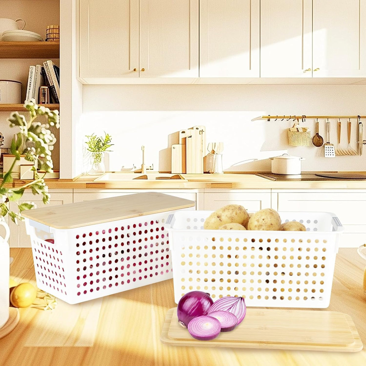2 Set Pantry Organizer and Storage, Plastic Potato and Onion Storage with Wooden Lid, Stackable Potato Storage Onion Holder, Kitchen Pantry Baskets for Onion Potato Fruit Produce Vegetable