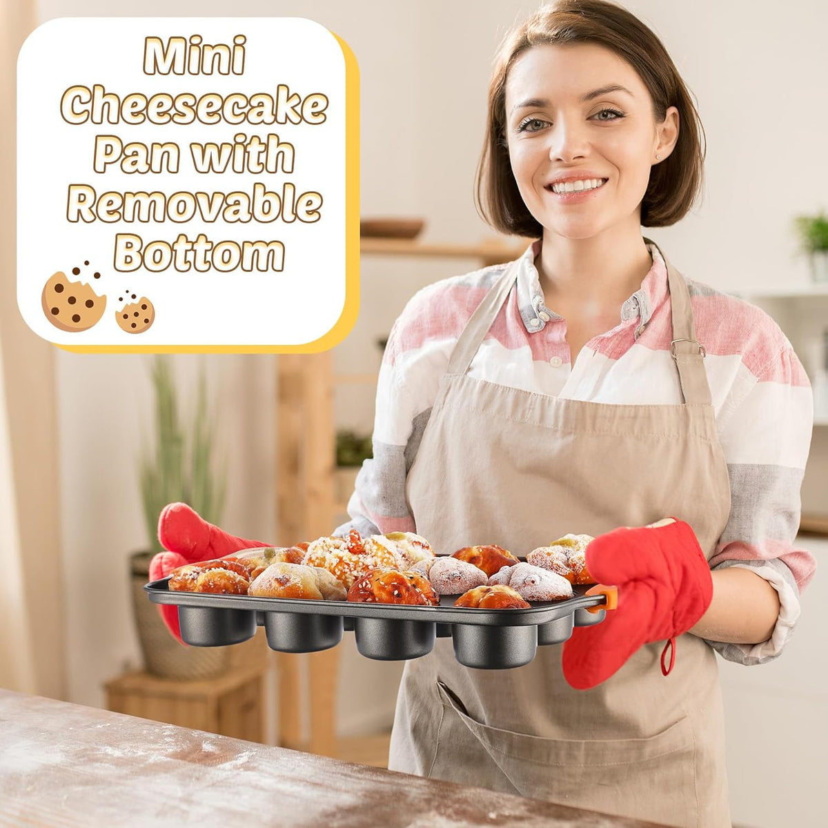 Uiifan 3 Pack Mini Cheesecake Pans Removable Bottom 12 Cavity Mini Cupcake Pan with Silicone Handle Nonslip Anti Heat Nonstick Carbon Steel Muffin Mold 13" x 8" Baking Molds(Orange)