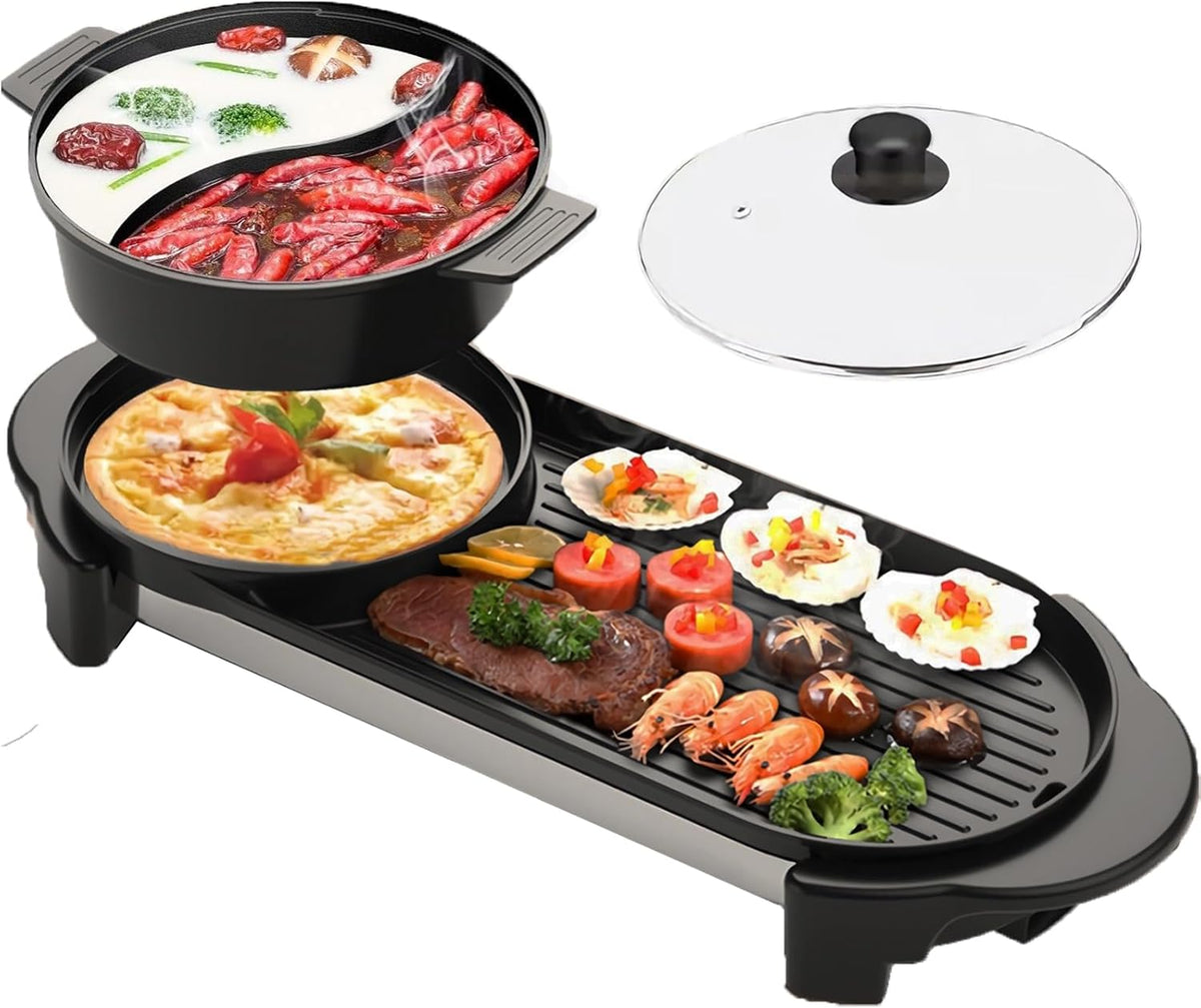Hot Pot with Grill, Electric Hot Pot 2 in 1 Shabu Shabu Hot Pot Korean BBQ Grill, Removable Hotpot Pot 1200W / Large Capacity Baking Tray, Separate Temperature Control, Electric Grill for 2-12 People