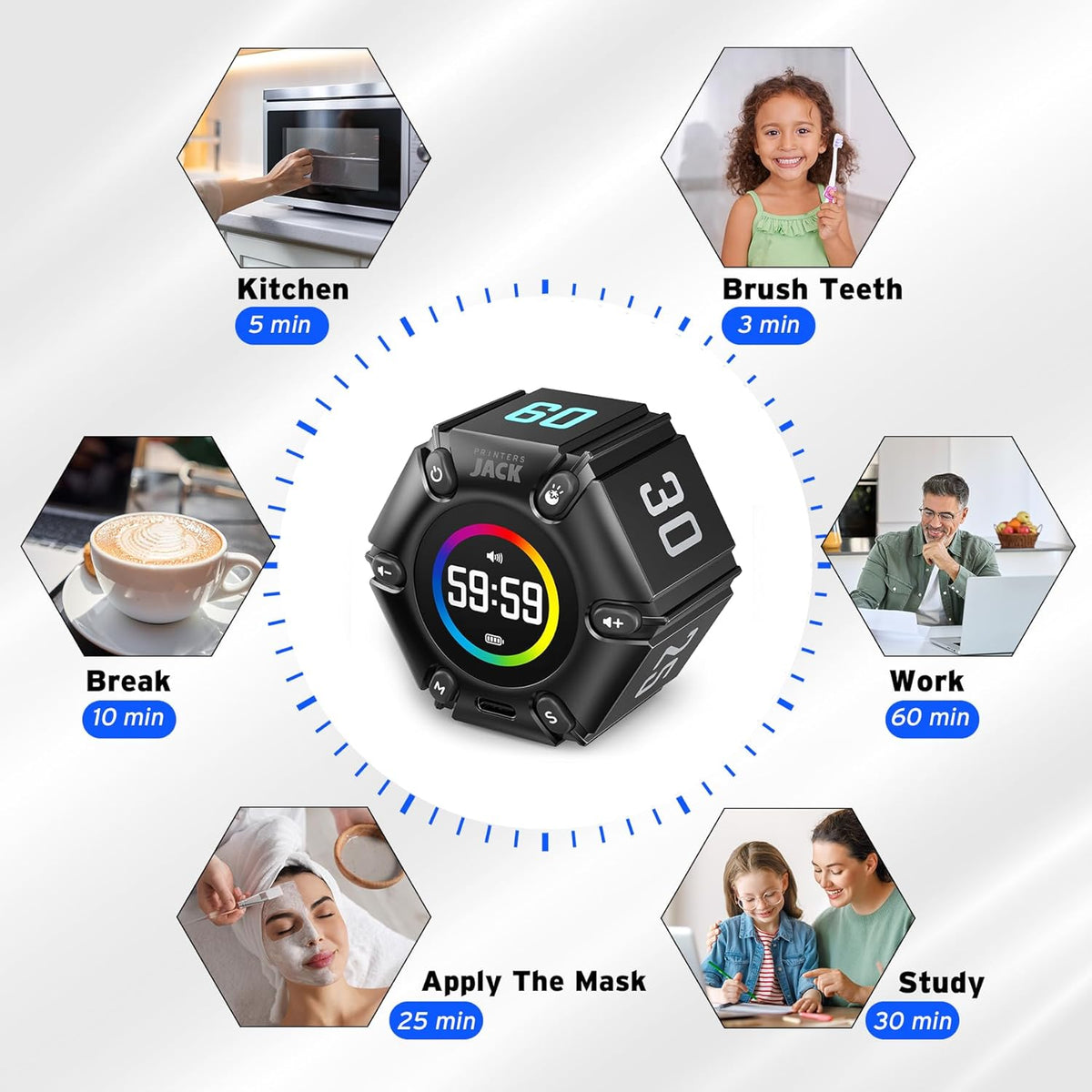 Jack Pomodoro Timer - Productivity Cube, Visual Focus Timer, Mute & Vibration & Adjustable Sound Alert, for Office, ADHD, Study, Work, 3/5/10/25/30/60min & Custom Countdown - Black