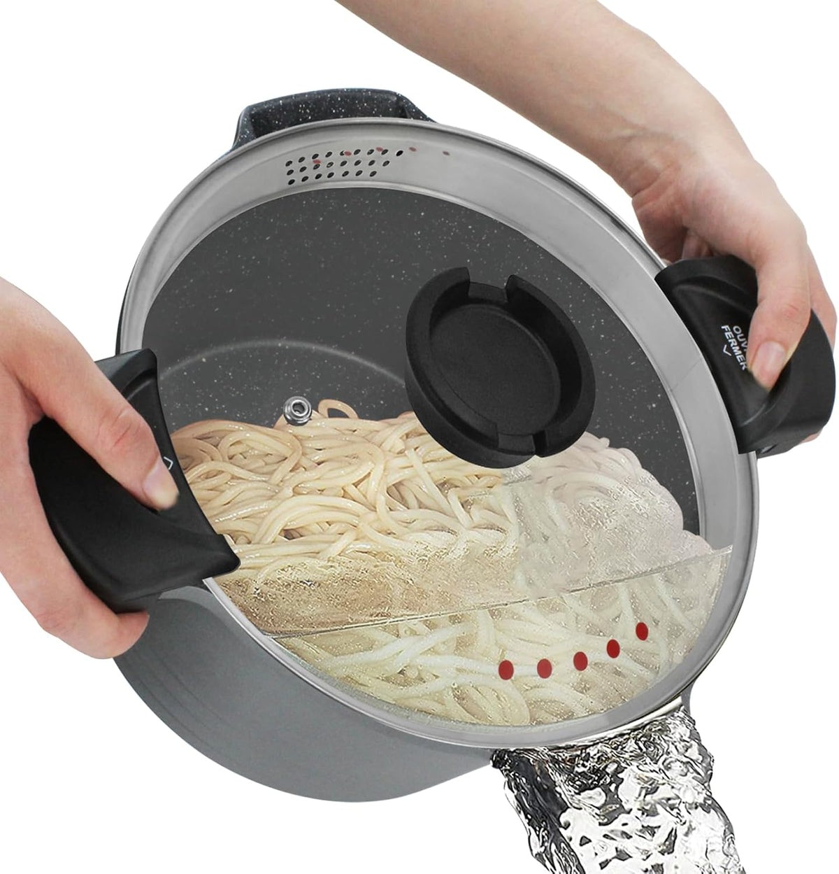 8.5QT Pasta Pot with Strainer Lid, 11'' Cast Aluminum Nonstick Multipurpose Stock Pot Spaghetti, Self-Draining Cooking Pot with Insulated Handles for Soup, and Boiling