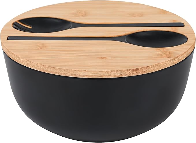 GEHE Bamboo Fiber Salad Bowl with Servers Set - Large 9.8 inches mixing bowls Solid Bamboo Salad Wooden Bowl with Bamboo Lid Spoon for Fruits,Salads and Decoration (Black, 9.8INCH)