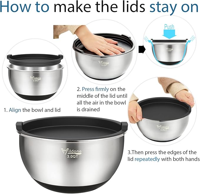 Wildone Mixing Bowls with Airtight Lids, Stainless Steel Nesting Mixing Bowls Set of 5, with Non-slip Silicone Bottoms, Size 8, 5, 3, 2, 1.5 QT, Stackable Design, Great for Mixing and Prepping