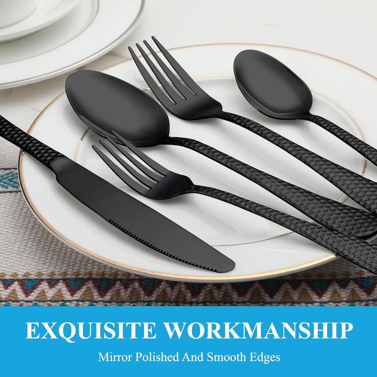 30 Pcs Black Hammered Silverware Set Service for 6,Stainless Steel Flatware Set,Mirror Polished Cutlery Utensil Set,Durable Kitchen Eating Tableware Set,Include Fork Knife Spoon Set,Dishwasher Safe