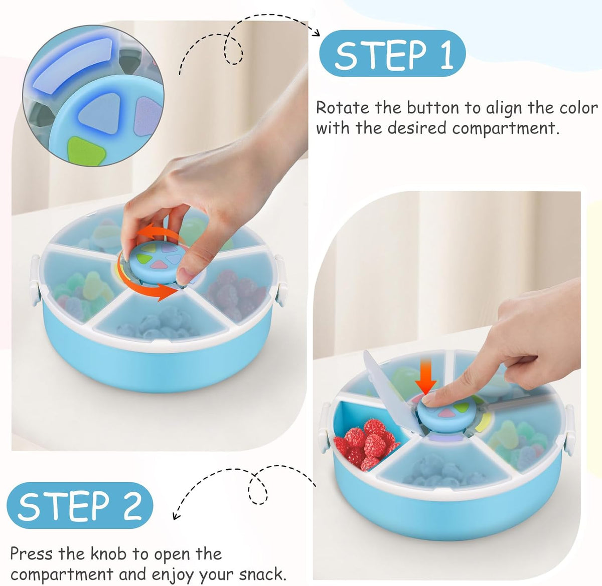Snack Spinner Set for Kids – 2-Pack, Includes Rotating Snack Container & Classic Sectioned Snack Box, BPA-Free, Dishwasher Safe, Perfect for Travel, Blue