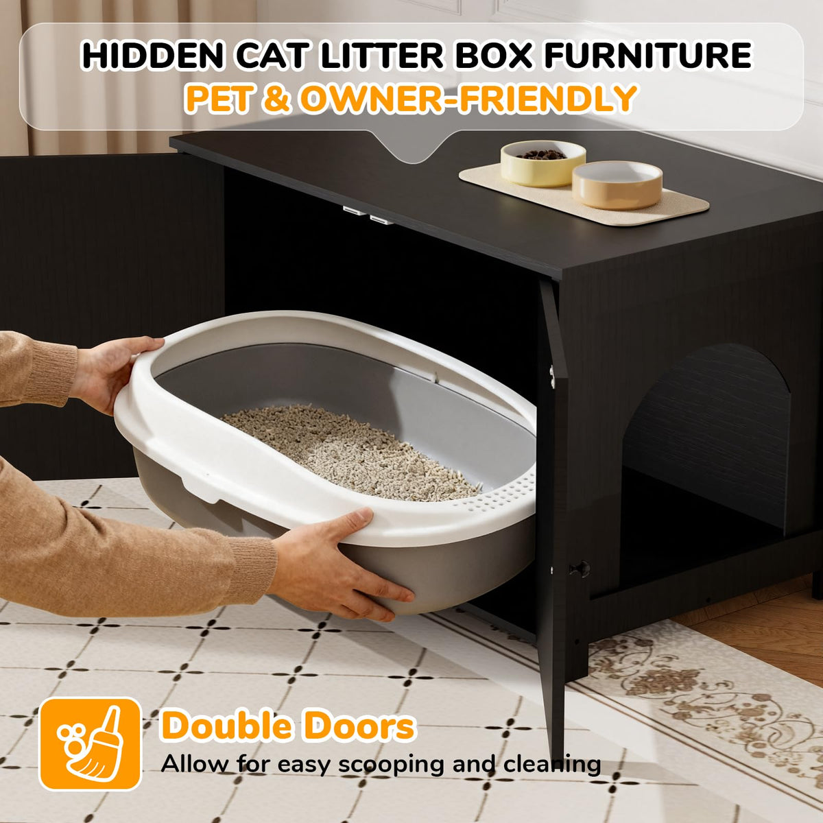 Fecuria Cat Litter Box Enclosure Furniture Dog Proof, Hidden Kitty Washroom Cabinet Low Entry, Wooden Cat Boxes Enclosure Odor Control for Home, Farmhouse Style Decorative TV Stand with Storage, Black