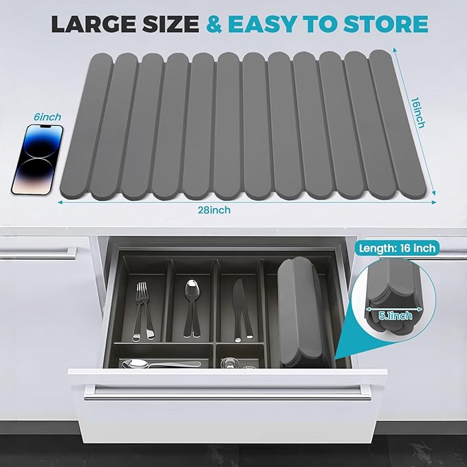 Extral Large Quick Dry Stone Drying Mat for Kitchen Counter,28"(L)x16"(W) Collapsible Eco-Friendly Absorbent Diatomaceous Earth Mat for Dishes Cups,Dish Drying Mats (Medium gray-Ellipse, 28x16 inch)
