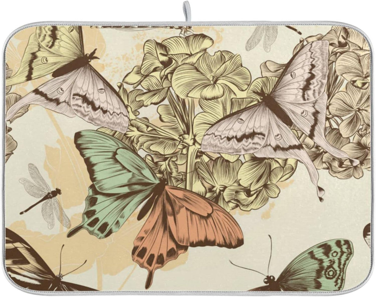 senya Super Absorbent Dish Drying Mat, Microfiber Fast-Drying 24'' x 18'', Kitchen Pad, Retro Butterfly