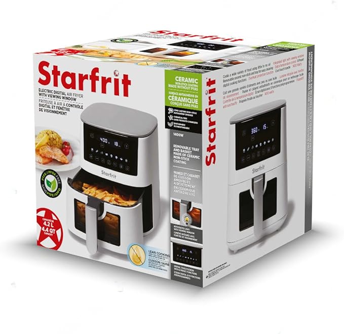 Starfrit Electric Digital Air Fryer - 4.2L Capacity - Ceramic Non-Stick Surface - 8 Preset Functions - Viewing Window -1400W