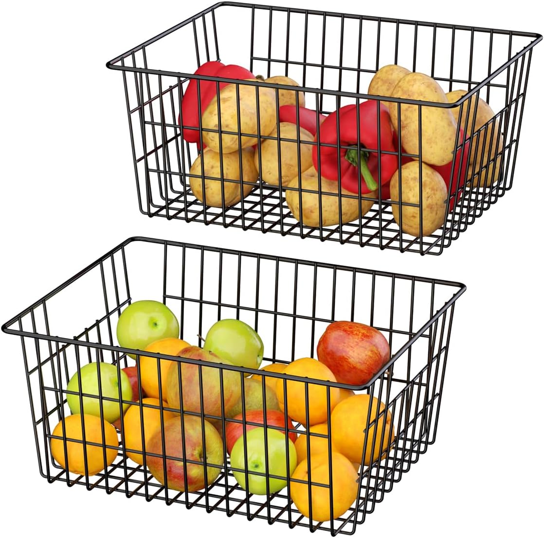 SANNO Freezer Baskets Metal Storage Organizer Bin Basket Wire Storage Basket for Kitchen Pantry Bathroom Large Metal Farmhouse Food Fruit Produce Organizer Bins,black,2